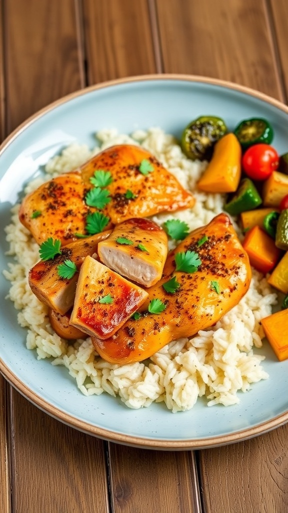 Yogurt zaatar chicken served with rice and roasted vegetables, garnished with parsley on a rustic table.